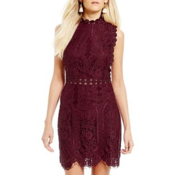 Jodi Kristopher Dresses & Skirts - Jodi Kristopher Maroon Mock Neck Lace Sheath Dress